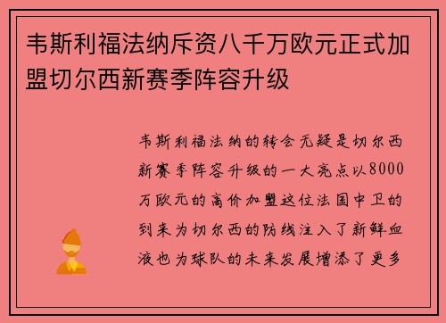 韦斯利福法纳斥资八千万欧元正式加盟切尔西新赛季阵容升级